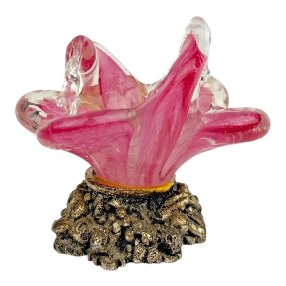 Murano Glass MCM Mini Pink Flower with Metal Base Italy Mid Century Decor‎